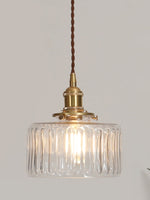 Load image into Gallery viewer, Japanese Vintage Simple Brass Glass Ribbed Cylinder Pendant Light
