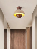 Load image into Gallery viewer, Wabi-Sabi Style Travertine and Wood Half-Sphere Ceiling Light