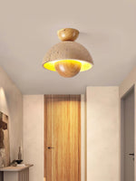 Load image into Gallery viewer, Wabi-Sabi Style Travertine and Wood Half-Sphere Ceiling Light