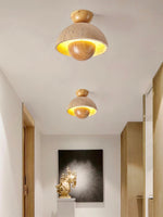 Load image into Gallery viewer, Wabi-Sabi Style Travertine and Wood Half-Sphere Ceiling Light