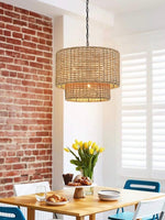 Load image into Gallery viewer, Drum Pendant Light – Natural Rattan Double Shade for Bedroom Lighting