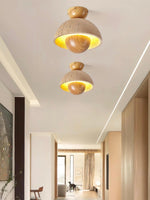 Load image into Gallery viewer, Wabi-Sabi Style Travertine and Wood Half-Sphere Ceiling Light