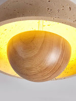 Load image into Gallery viewer, Wabi-Sabi Style Travertine and Wood Half-Sphere Ceiling Light