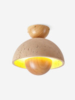 Load image into Gallery viewer, Wabi-Sabi Style Travertine and Wood Half-Sphere Ceiling Light