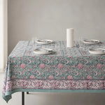 Cargar imagen en el visor de la Galería, Sage green floral tablecloth on a dining table