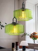 Load image into Gallery viewer, Ribbed Glass Pendant Light - Vintage Green Glass Hanging Light with Modern Appeal