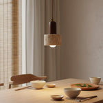 Cargar imagen en el visor de la Galería, Lámpara colgante minimalista japonesa de madera y travertino WabiLum - Iluminación elegante para el dormitorio
