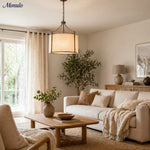 Load image into Gallery viewer, Antique Brass Carousel Chandelier with White Linen Drum Shade for Dining Room