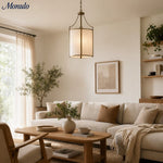 Load image into Gallery viewer, Antique Brass Carousel Chandelier with White Linen Drum Shade for Dining Room