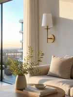 Load image into Gallery viewer, Rowan Classic Linen Wall Sconce - Brass Light With Fabric Drum Shade