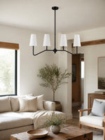 Load image into Gallery viewer, Strellux 4-Light Linear Chandelier with White Fabric Drum Shades, Brass or Black Dining Room and Kitchen Island Lighting