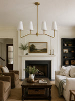 Load image into Gallery viewer, Strellux 4-Light Linear Chandelier with White Fabric Drum Shades, Brass or Black Dining Room and Kitchen Island Lighting