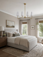 Load image into Gallery viewer, Strellux 4-Light Linear Chandelier with White Fabric Drum Shades, Brass or Black Dining Room and Kitchen Island Lighting