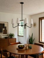 Load image into Gallery viewer, Strellux 4-Light Linear Chandelier with White Fabric Drum Shades, Brass or Black Dining Room and Kitchen Island Lighting