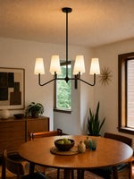 Load image into Gallery viewer, Strellux 4-Light Linear Chandelier with White Fabric Drum Shades, Brass or Black Dining Room and Kitchen Island Lighting