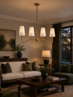 Load image into Gallery viewer, Strellux 4-Light Linear Chandelier with White Fabric Drum Shades, Brass or Black Dining Room and Kitchen Island Lighting