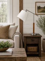 Charger l'image dans la visionneuse de galerie, Lampe de table vintage de style Bauhaus à bras articulé, avec abat-jour en tissu blanc et accent en bois, idéale pour la lecture au chevet ou sur un bureau