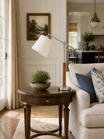 Charger l'image dans la visionneuse de galerie, Lampe de table vintage de style Bauhaus à bras articulé, avec abat-jour en tissu blanc et accent en bois, idéale pour la lecture au chevet ou sur un bureau