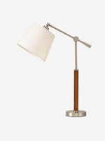 Charger l'image dans la visionneuse de galerie, Lampe de table vintage de style Bauhaus à bras articulé, avec abat-jour en tissu blanc et accent en bois, idéale pour la lecture au chevet ou sur un bureau