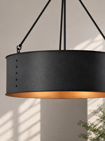 Cargar imagen en el visor de la Galería, Lámpara colgante Velara redonda de tambor negro: estilo industrial vintage para comedor o sala de estar.