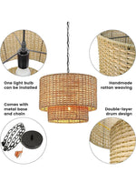 Load image into Gallery viewer, Drum Pendant Light – Natural Rattan Double Shade for Bedroom Lighting