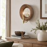 Cargar imagen en el visor de la Galería, Natural wood round mirror wall sconce with brass candle arm
