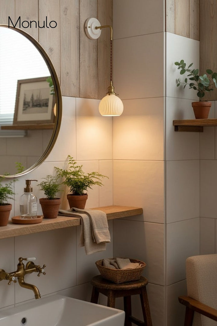 Aplique de pared Curvona con pantalla de cerámica acanalada y brazo curvo: iluminación interior moderna de estilo rústico para dormitorio, sala de estar, pasillo o baño.