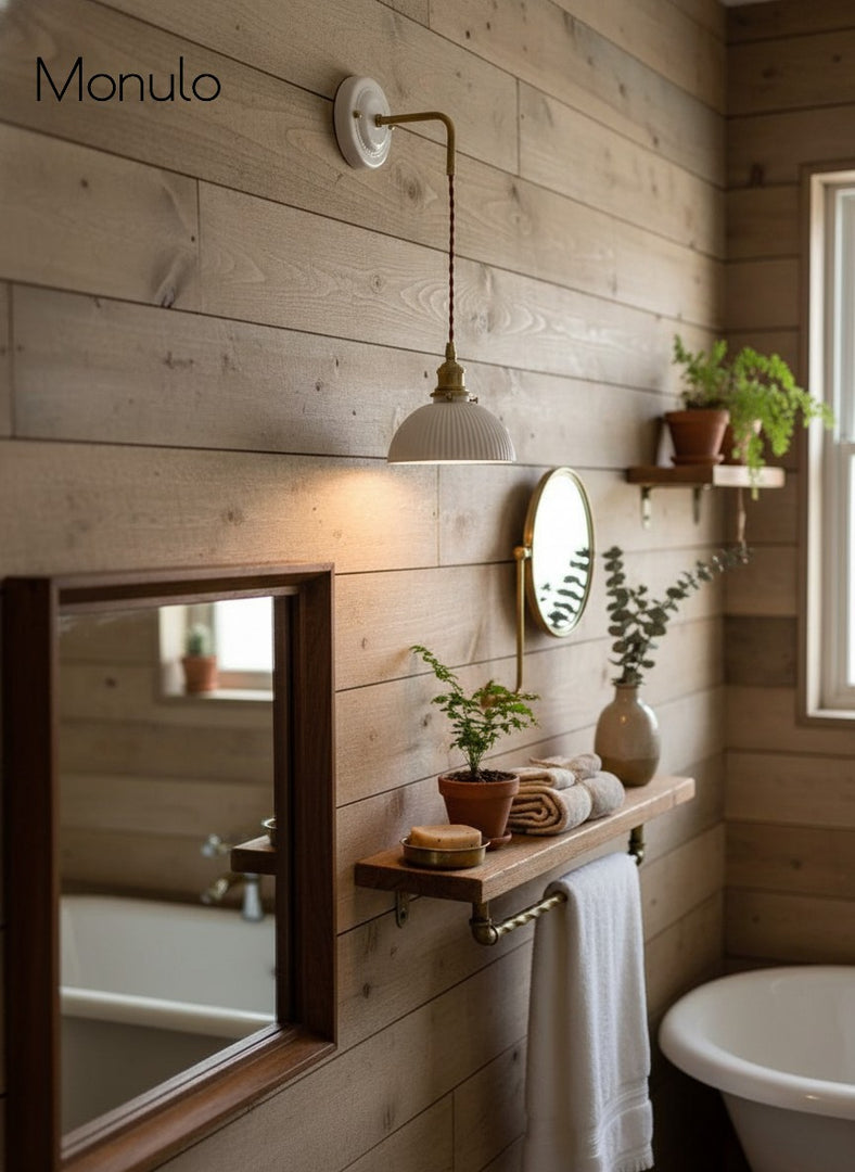 Aplique de pared Curvona con pantalla de cerámica acanalada y brazo curvo: iluminación interior moderna de estilo rústico para dormitorio, sala de estar, pasillo o baño.