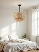 Load image into Gallery viewer, Drum Pendant Light – Natural Rattan Double Shade for Bedroom Lighting