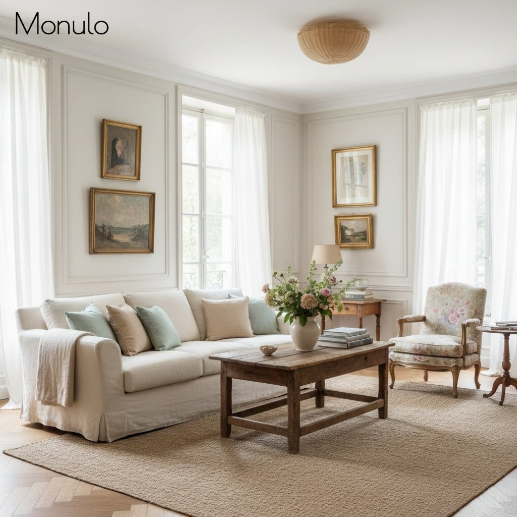 Lámpara de techo empotrada Olvara con pantalla de ratán y borde metálico: iluminación contemporánea para espacios habitables.