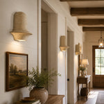 Cargar imagen en el visor de la Galería, Travertine wall sconces installed along a warm hallway with wood beams