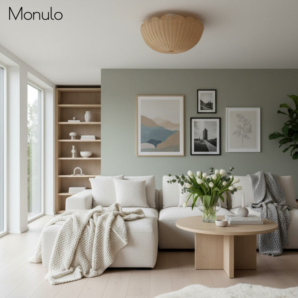 Lámpara de techo empotrada Olvara con pantalla de ratán y borde metálico: iluminación contemporánea para espacios habitables.
