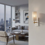 Load image into Gallery viewer, Mavora Linen Shade Wall Lamp with Stone Back Plate – Elegant Bedroom Wall Light