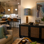 Load image into Gallery viewer, Colorful printed fabric table lamp in a styled interior
