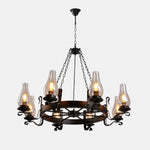 Charger l'image dans la visionneuse de galerie, Eight-light wagon wheel chandelier with clear hurricane glass shades