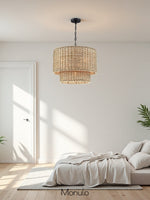 Load image into Gallery viewer, Drum Pendant Light – Natural Rattan Double Shade for Bedroom Lighting