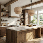 Cargar imagen en el visor de la Galería, Lámpara colgante de ratán de doble tambor Rattanvo – Textura orgánica para comedores y vestíbulos