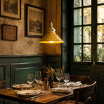 Bild in Gallery-Viewer laden, Yellow glazed ceramic pendant light over a vintage restaurant table
