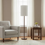 Cargar imagen en el visor de la Galería, Lámpara de pie Linbron con pantalla de tela neutra y acabado en veta de madera – Lámpara de pie moderna minimalista para sala de estar y estudio