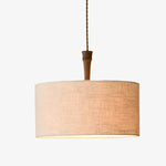 Cargar imagen en el visor de la Galería, Natural linen drum pendant lamp with wood socket detail