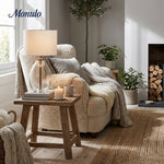 Bild in Gallery-Viewer laden, Sustaina Gebogene Tischlampe aus recyceltem Glas mit Stoffschirm – Nachhaltige moderne Akzentbeleuchtung für Wohnzimmer