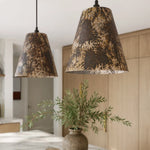Cargar imagen en el visor de la Galería, Close view of aged patina metal pendant lamps in a kitchen