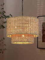 Load image into Gallery viewer, Drum Pendant Light – Natural Rattan Double Shade for Bedroom Lighting