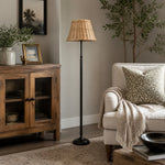 Bild in Gallery-Viewer laden, Rattan shade floor lamp beside sofa and wood cabinet
