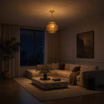 Load image into Gallery viewer, Amber glass pendant lighting a calm evening living room