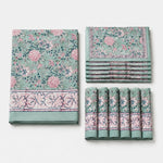 Cargar imagen en el visor de la Galería, Folded sage green floral cotton linen tablecloth set