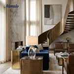 Bild in Gallery-Viewer laden, Sustaina Gebogene Tischlampe aus recyceltem Glas mit Stoffschirm – Nachhaltige moderne Akzentbeleuchtung für Wohnzimmer