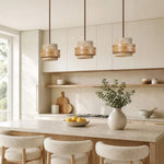 Cargar imagen en el visor de la Galería, Three light travertine pendant in a natural dining room