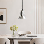 Load image into Gallery viewer, Bell-shaped chrome pendant light in a bright dining space