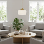 Cargar imagen en el visor de la Galería, Lámpara colgante de cristal opalino Lirra: moderna lámpara minimalista de metal para cocina y comedor.
